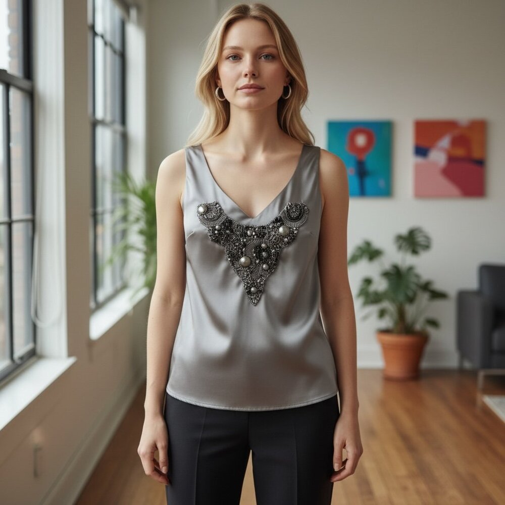 Ted‎ Baker London Beaded V-Neck Sleeveless Top Sz 0 Silver Pewter  223C